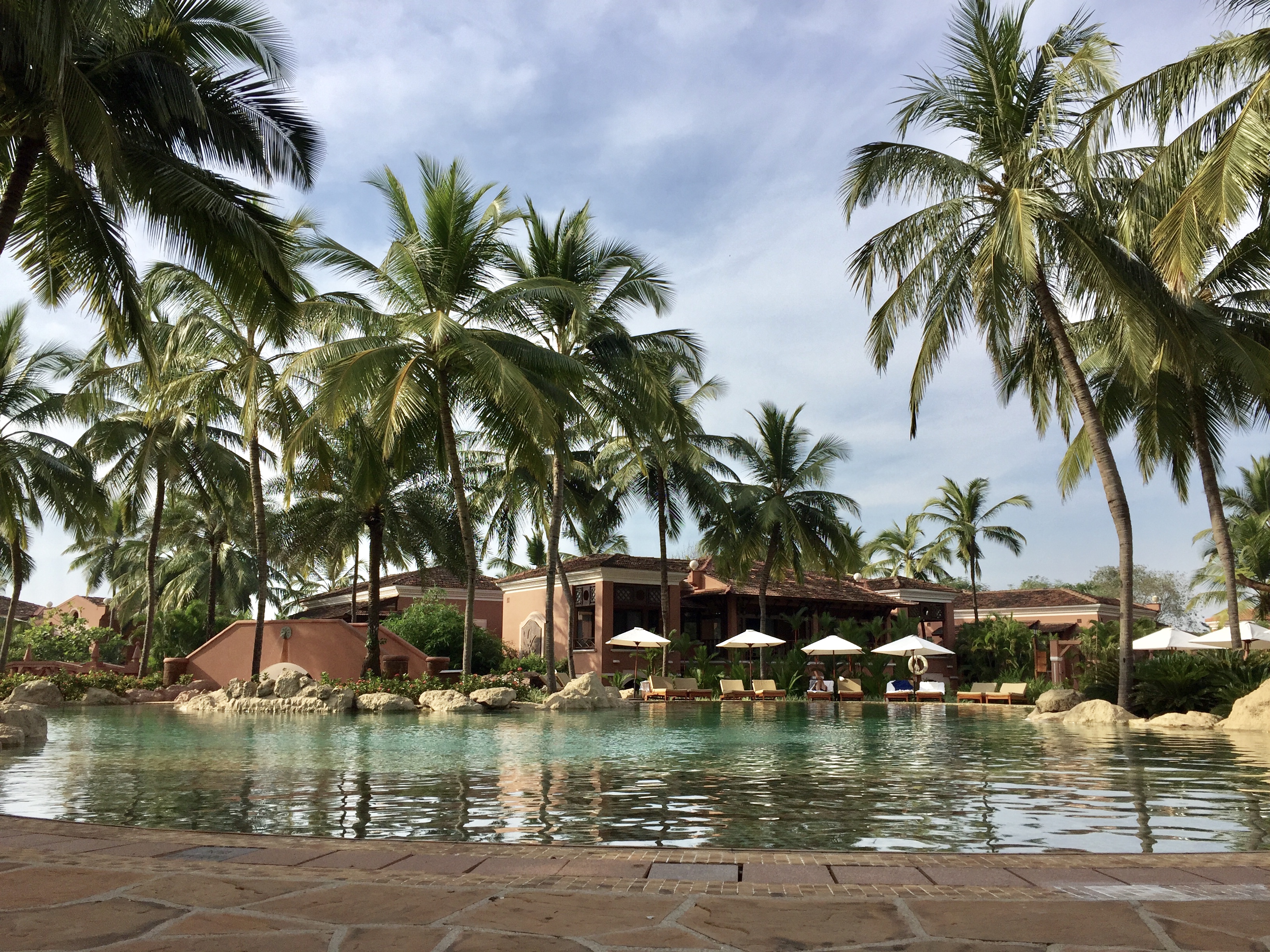 a pool with palm trees and buildings in the background