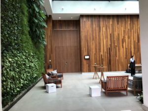 a room with wood walls and a wall of plants