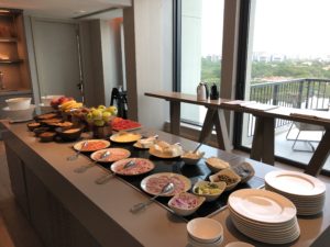 a buffet table with food on it