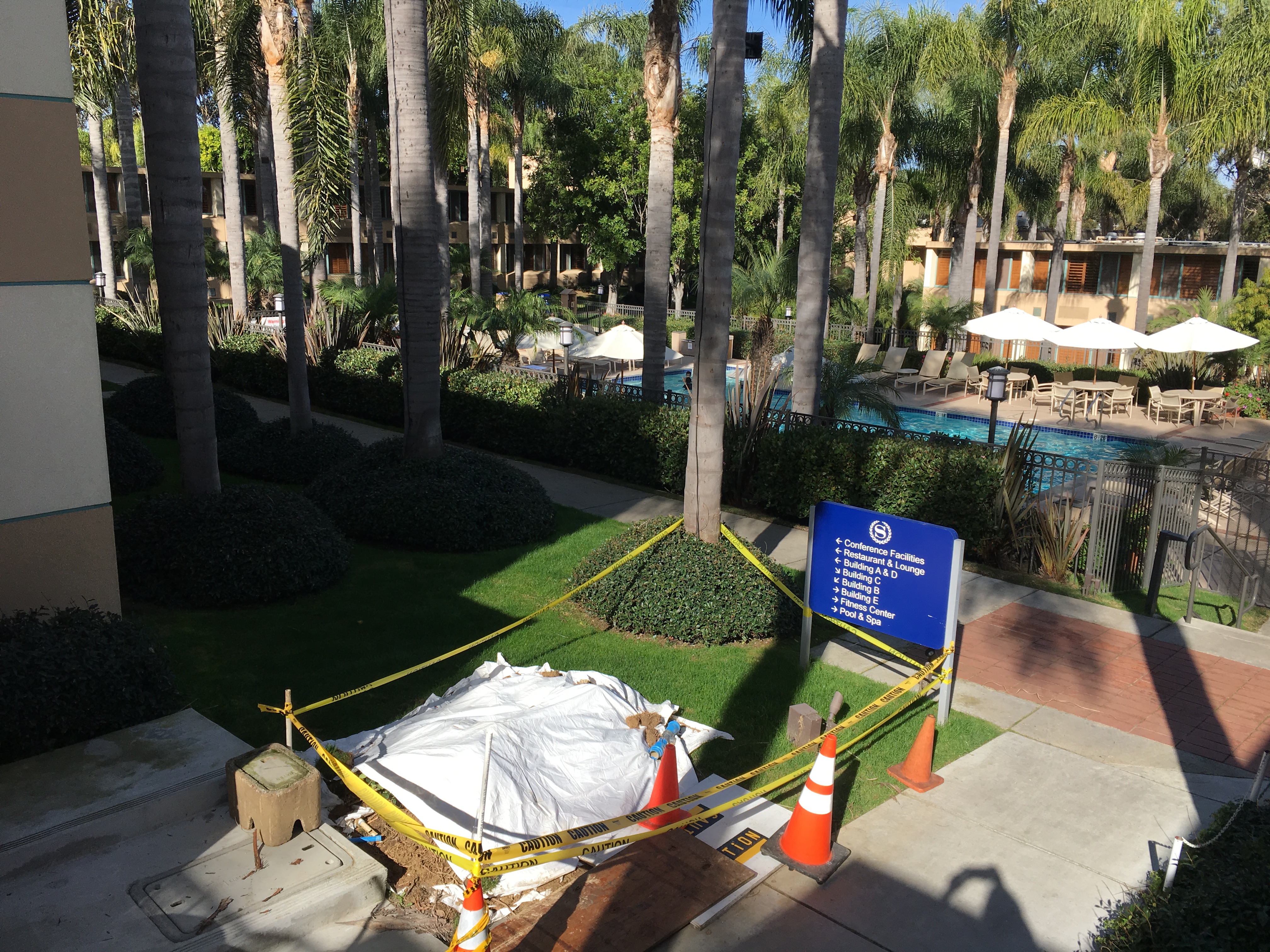 a pool and trees with a tarp and a sign