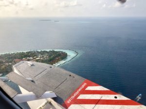 an airplane wing and a small island