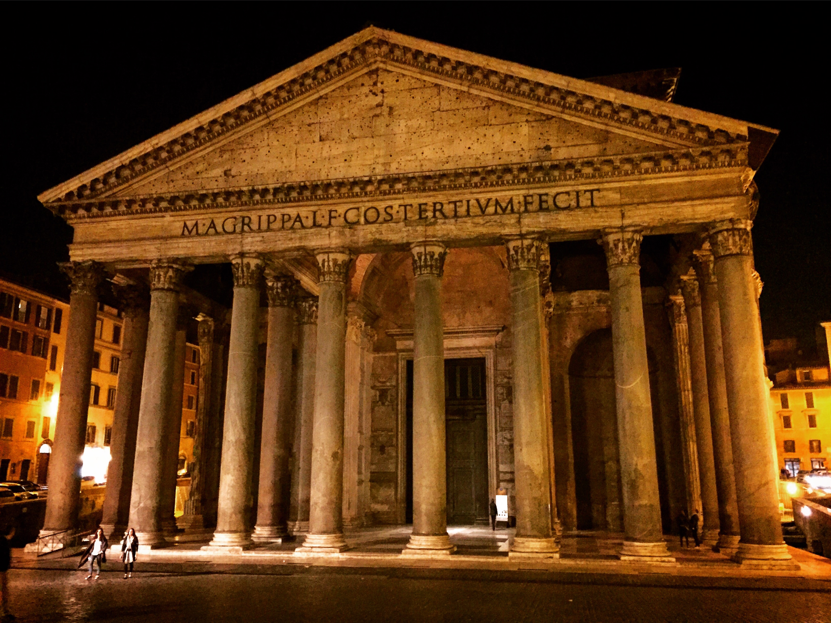 Pantheon, Rome with columns and a street at night