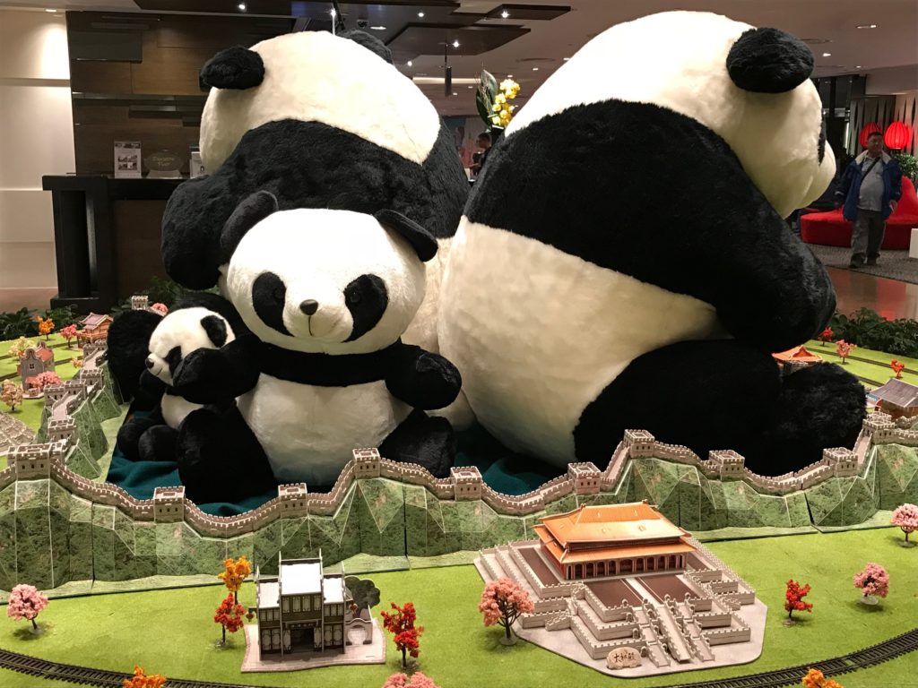 a group of pandas sitting on a display