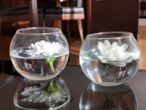 two glasses with water and flowers