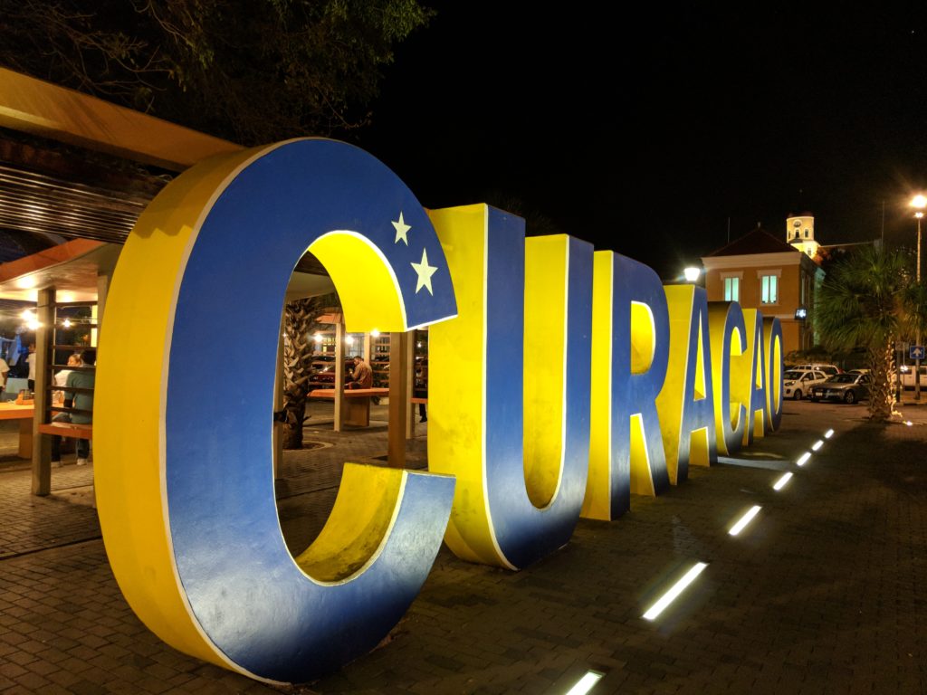 a large blue and yellow sign