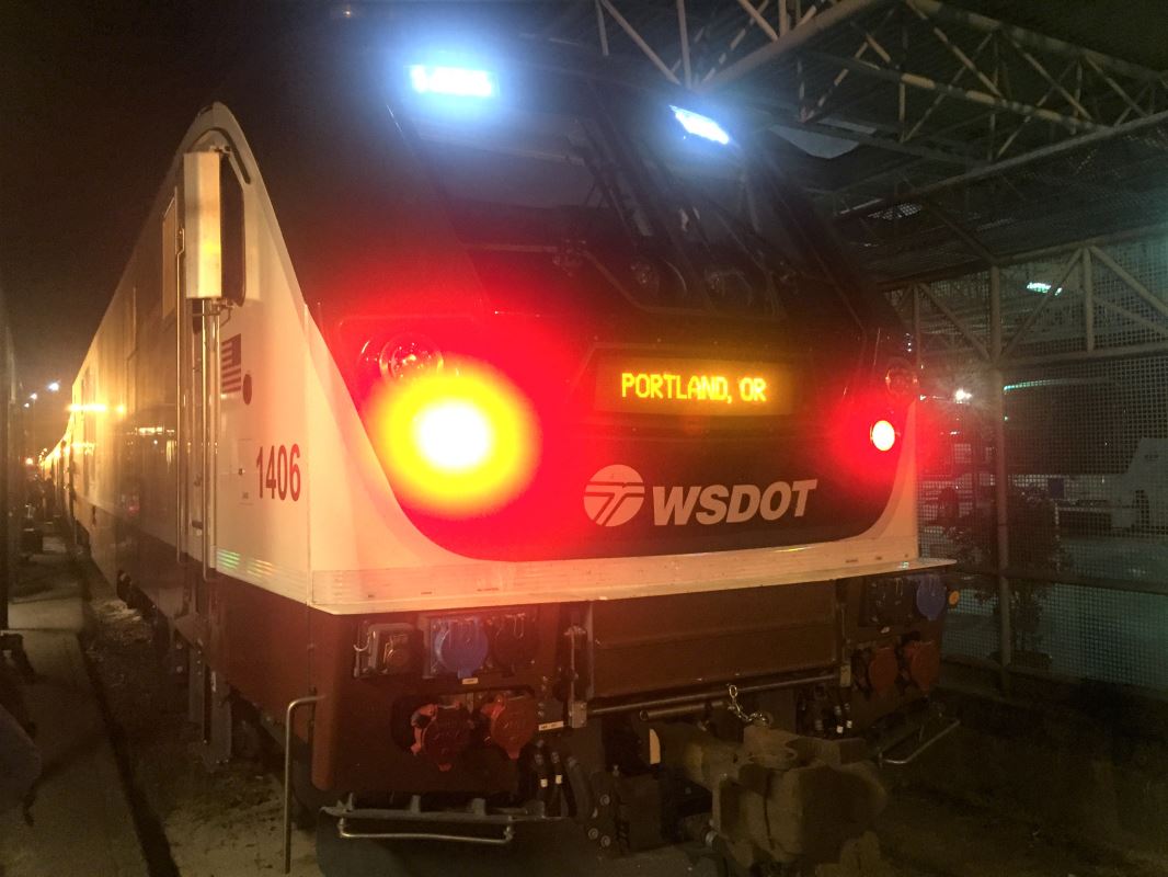 a train with lights on