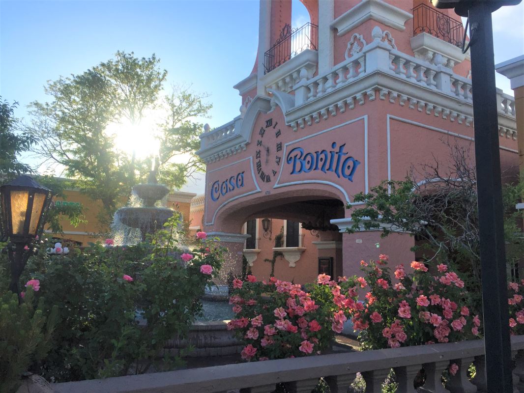 a building with a fountain and flowers