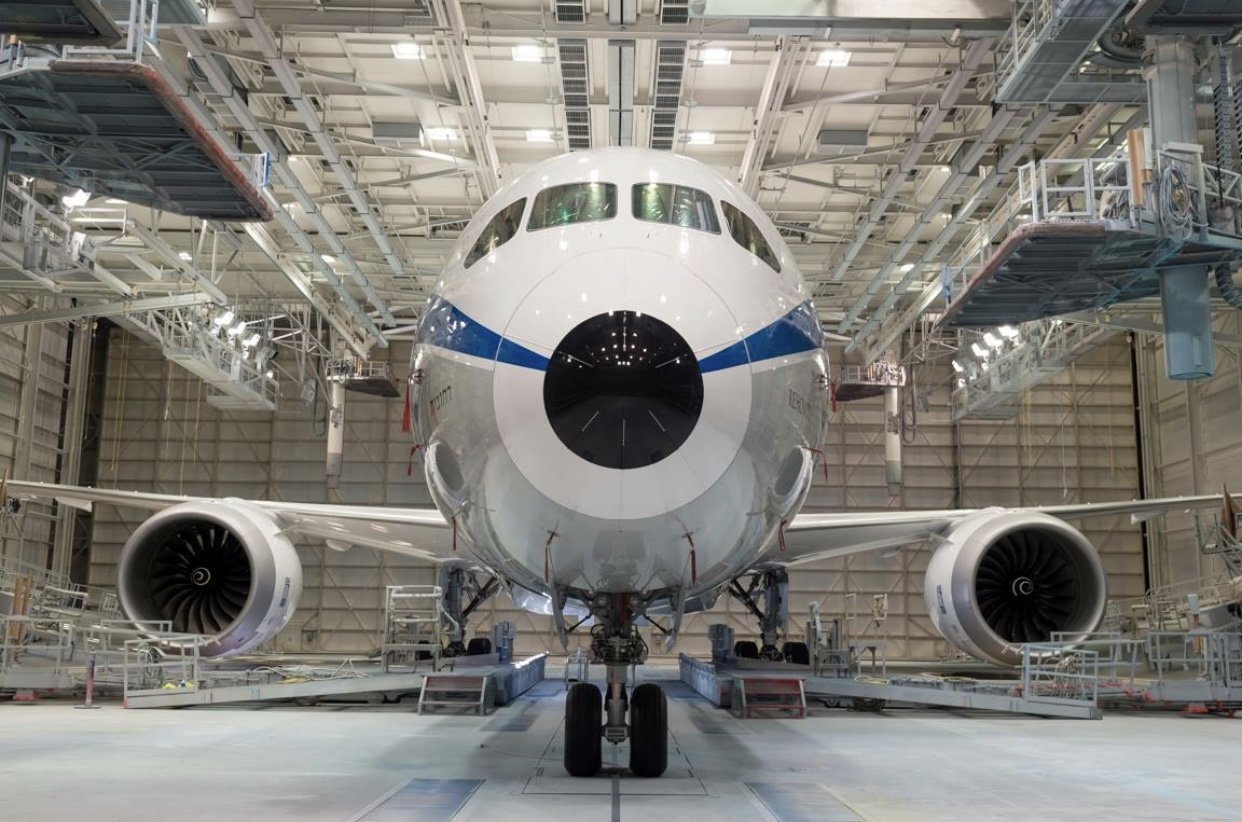 a white airplane in a hangar