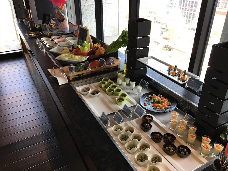 a buffet with food on it