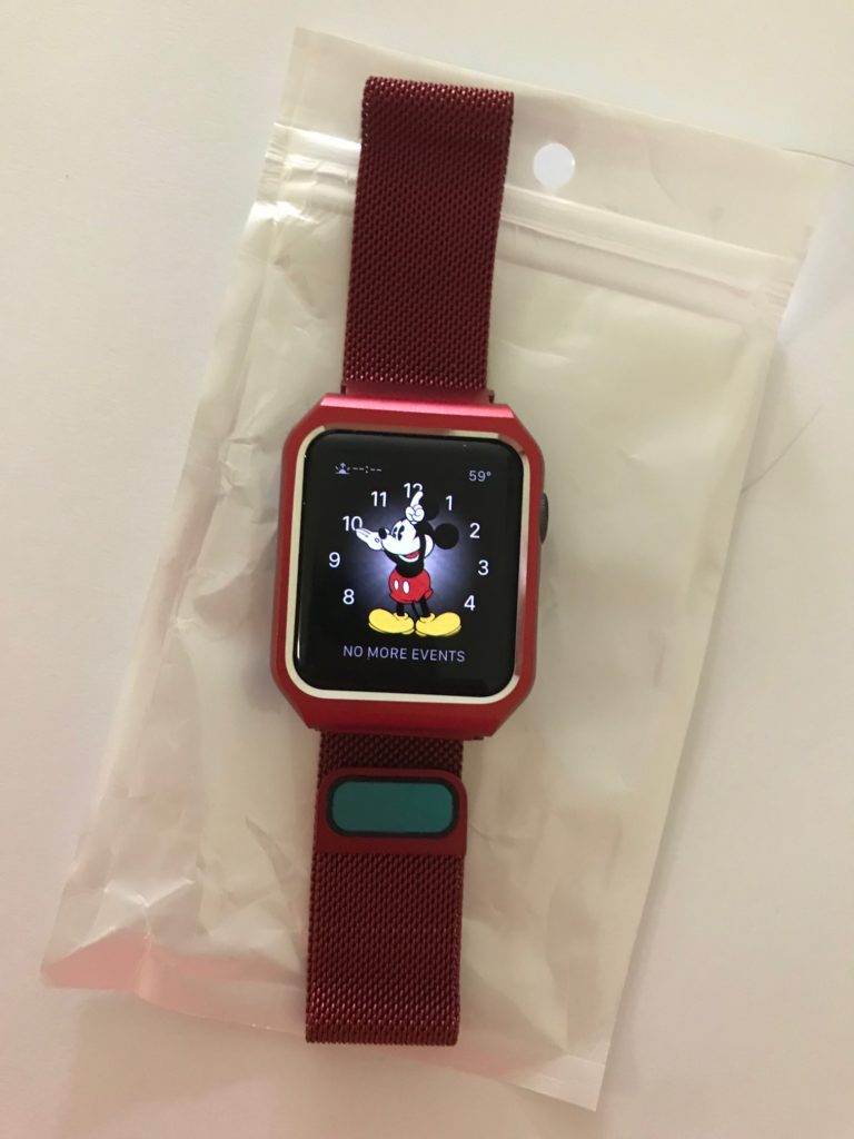 a red watch with a cartoon character on it