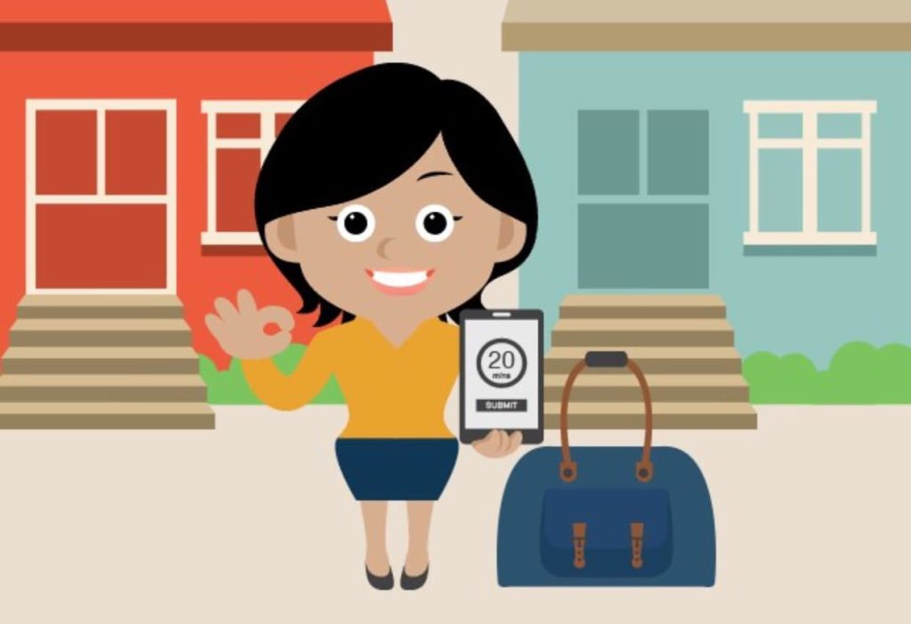 a cartoon of a woman holding a phone and a bag