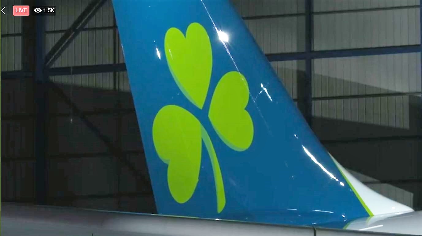 a blue tail fin with a green clover on it