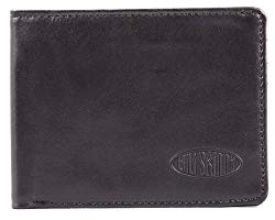 a black leather wallet with a logo