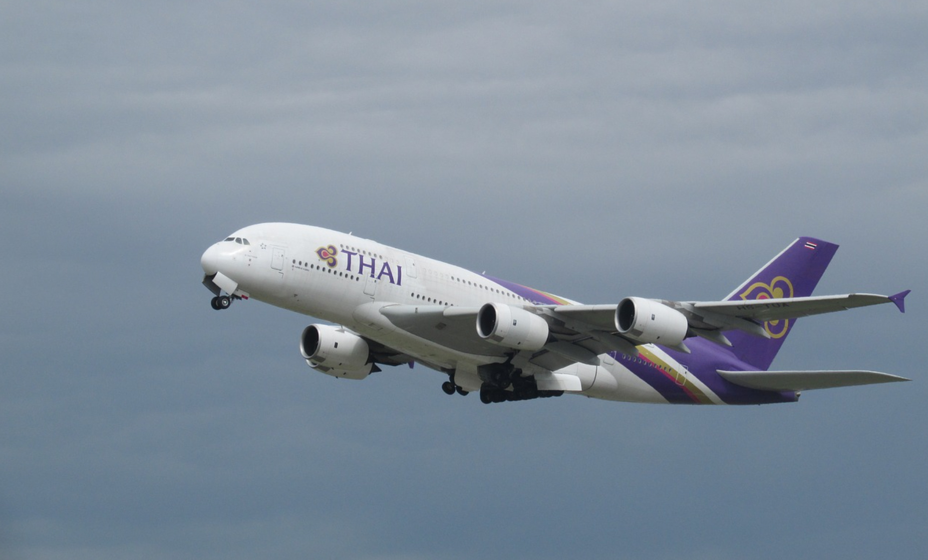 a large white and purple airplane flying in the sky