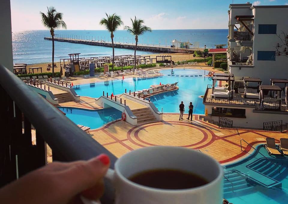 a person holding a cup of coffee by a pool