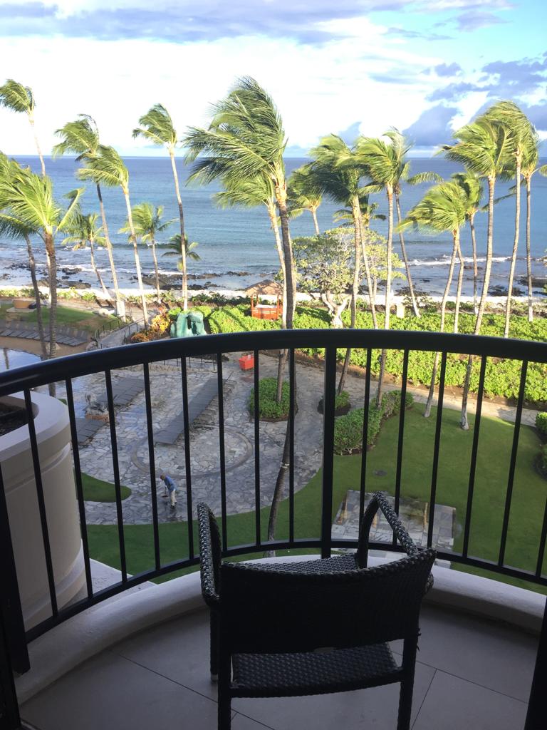 a balcony overlooking a beach and palm trees