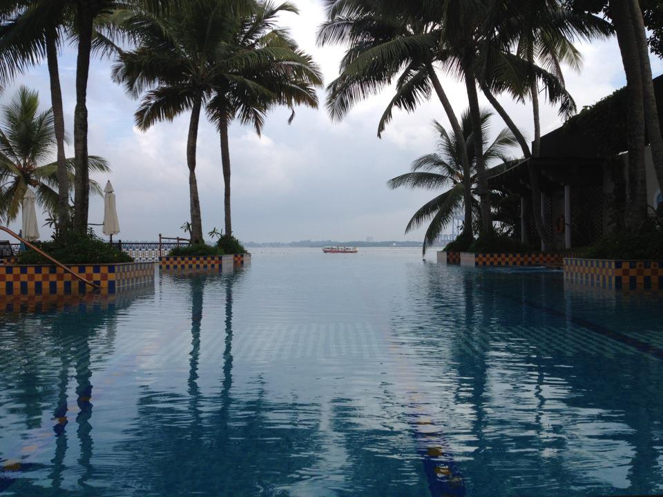 a pool with palm trees and a boat in the water