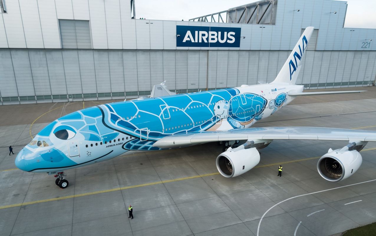 an airplane with a blue design on it