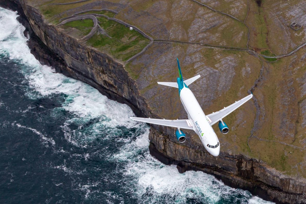 Aer Lingus Airbus A320 over cliffs west of Ireland