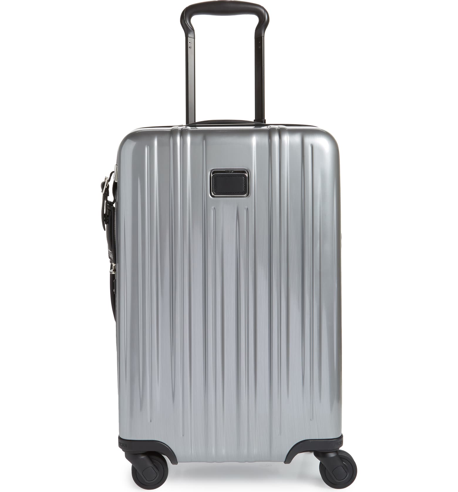 a silver suitcase with wheels