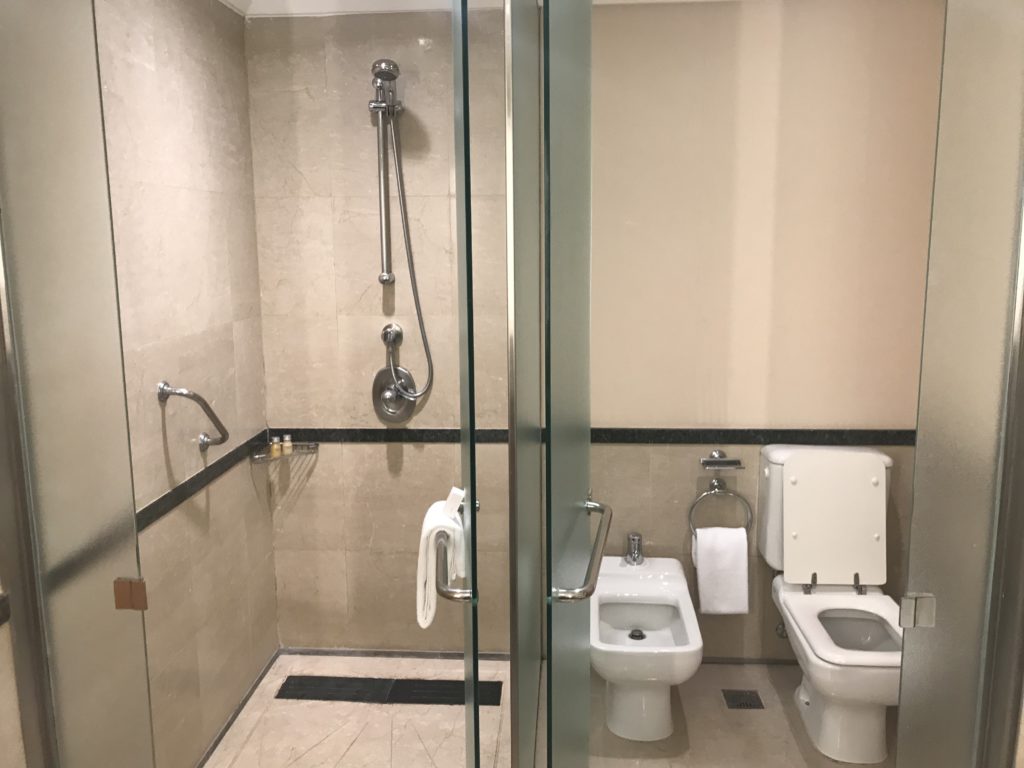 a bathroom with a shower and toilet