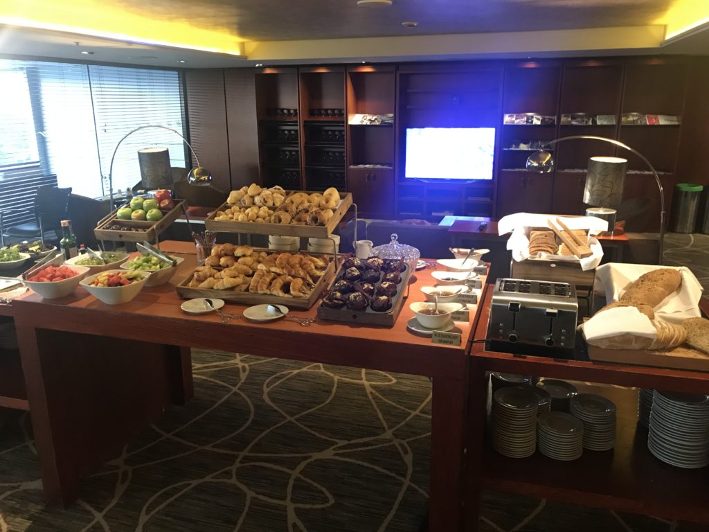 a buffet table with food on it