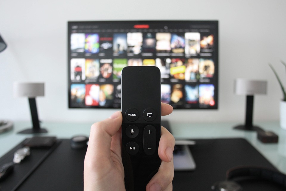 a hand holding a remote control in front of a television