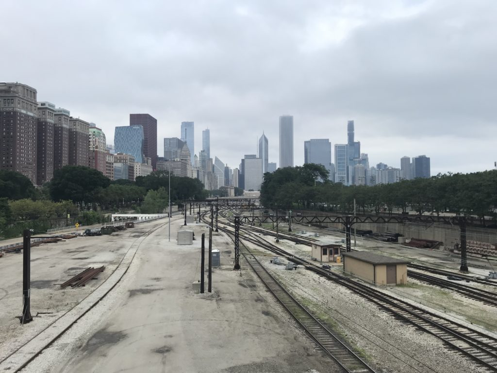 a train tracks in a city