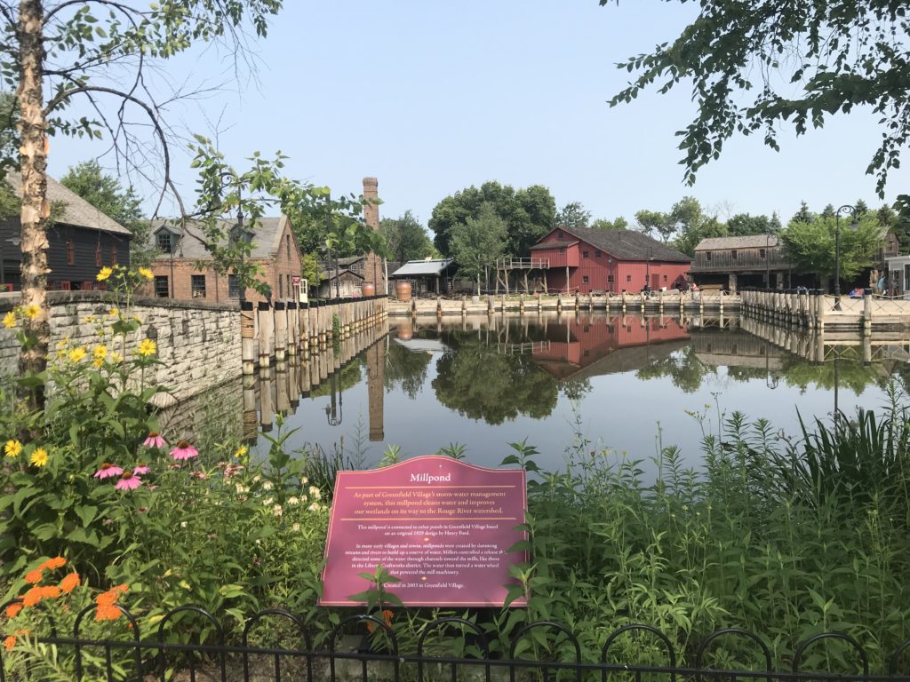 a pond with a sign and flowers