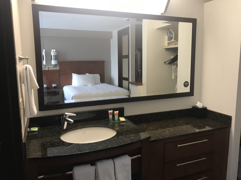 a bathroom with a mirror