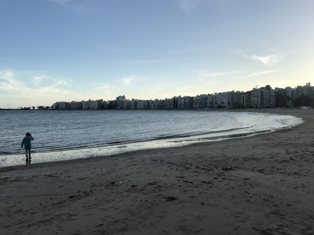 a beach with buildings in the background