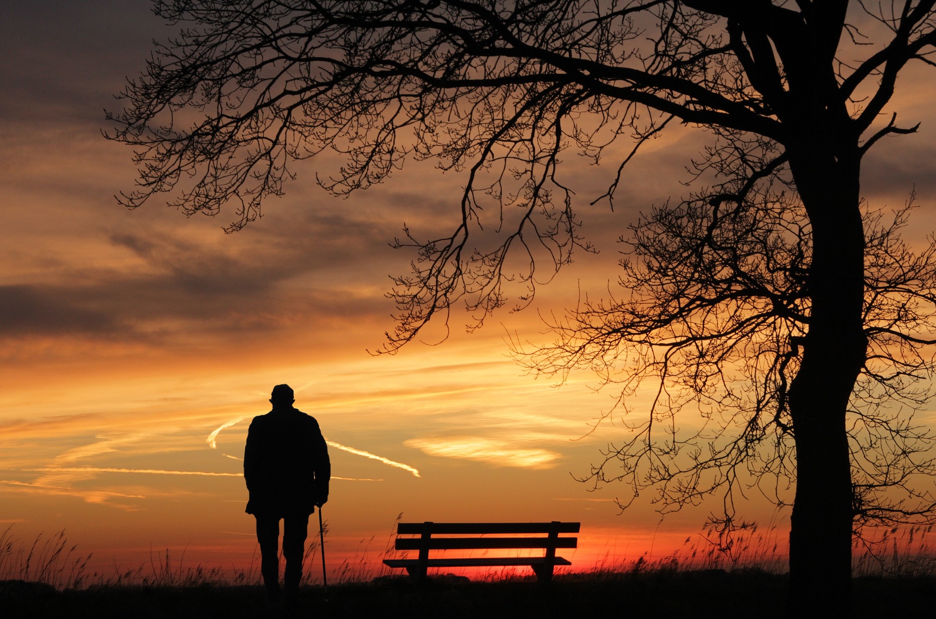 a person walking with a cane in front of a bench