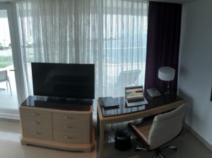 a desk and a tv in a room