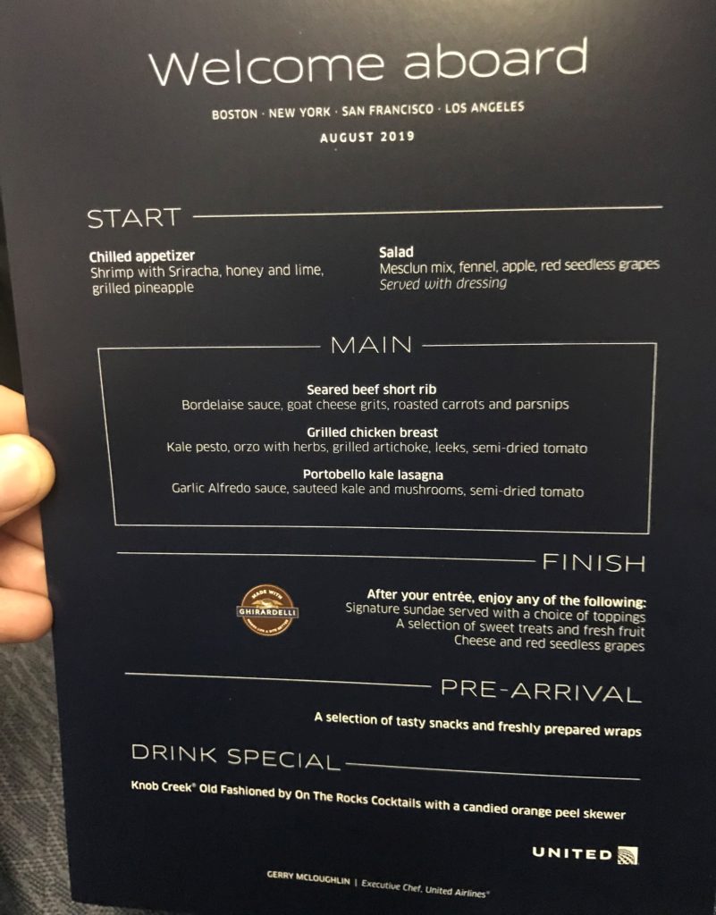 United 757-200 Transcontinental Business Menu August 2019