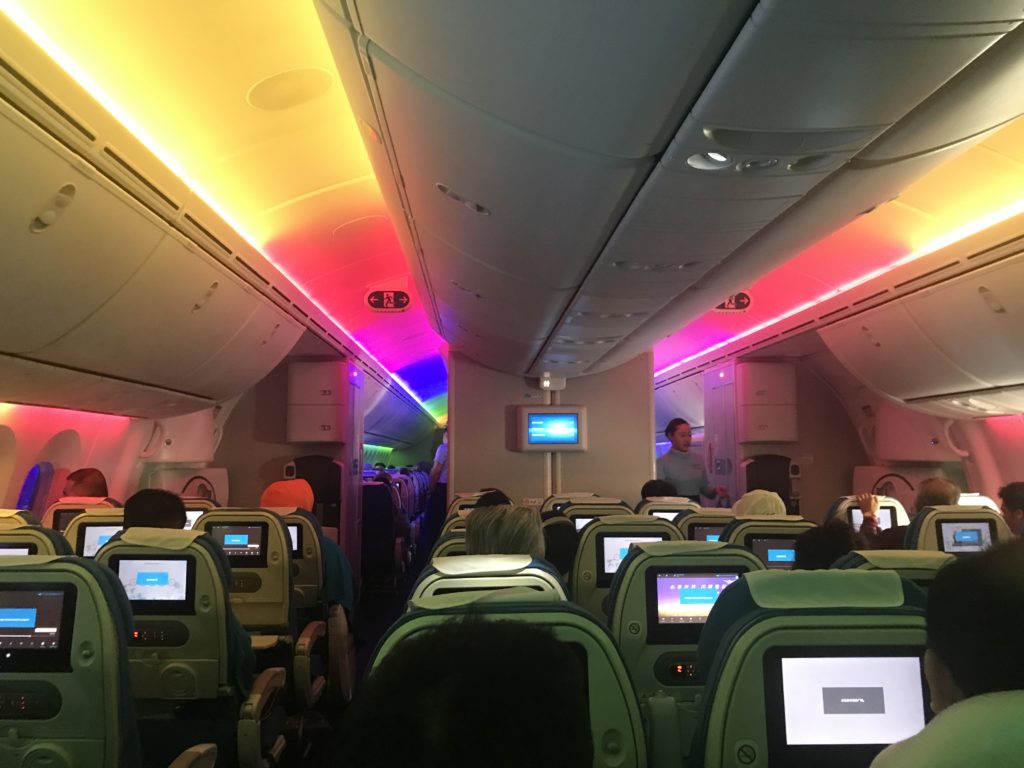 Xiamen Airlines 787 economy rainbow lights
