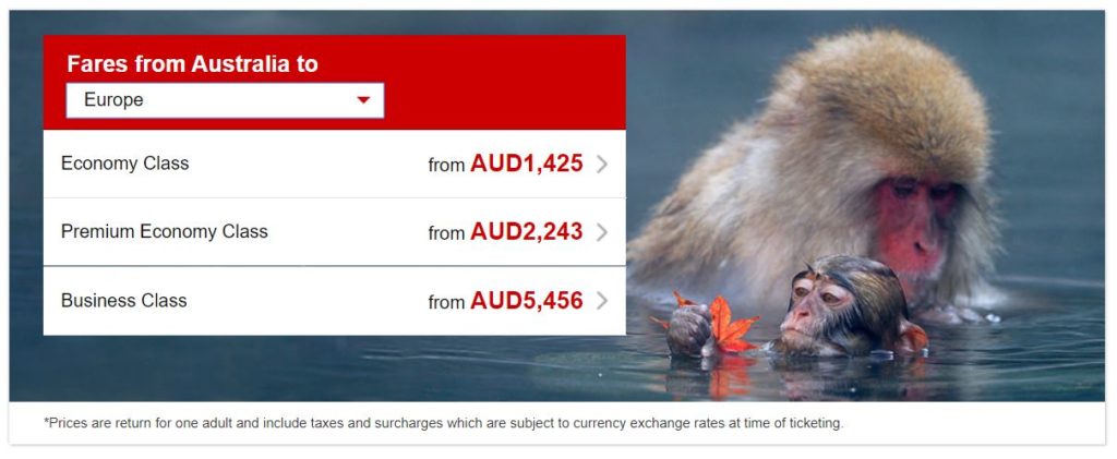 Great Australia to Europe fares on Japan Airlines