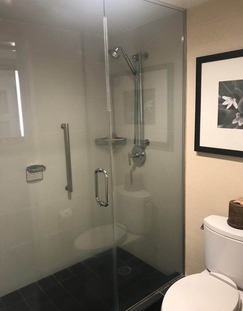 a glass shower with a toilet and a picture frame