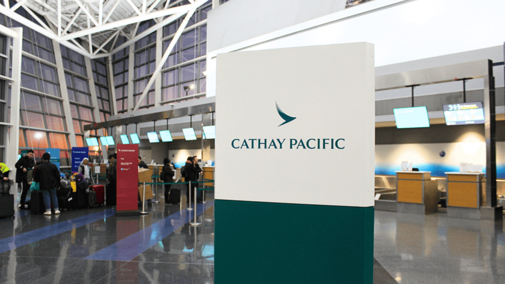 A sign at the Cathay Pacific ticket counters at New York-JFK's Terminal 8.