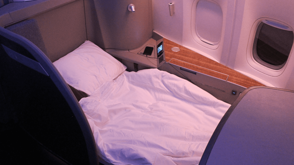 Cathay Pacific first class seat 2A as a fully-flat bed