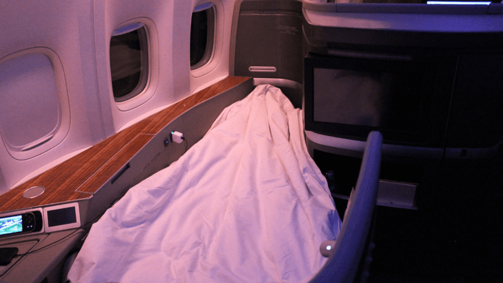 A bed in first class on a Boeing 777-300ER