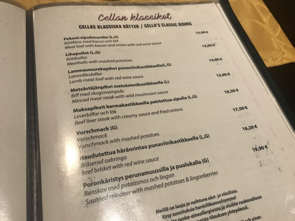 a menu with black text