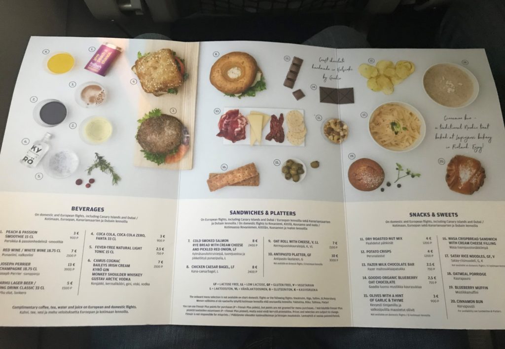 Finnair A321 economy menu