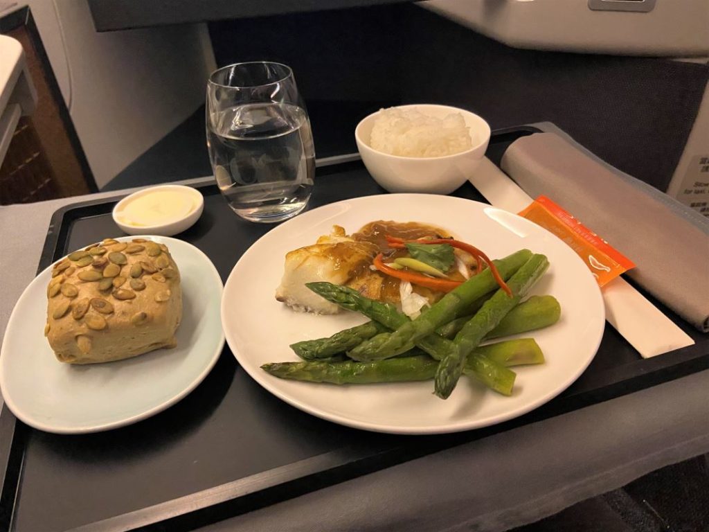 Cathay Pacific business class Wok Fried Cod supper