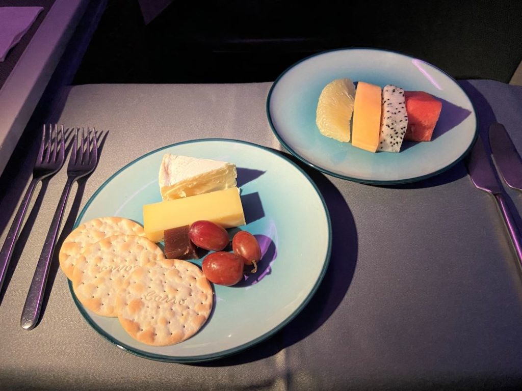 Hong Kong to Sydney cheese plate and fruit plate dessert Cathay Pacific business class