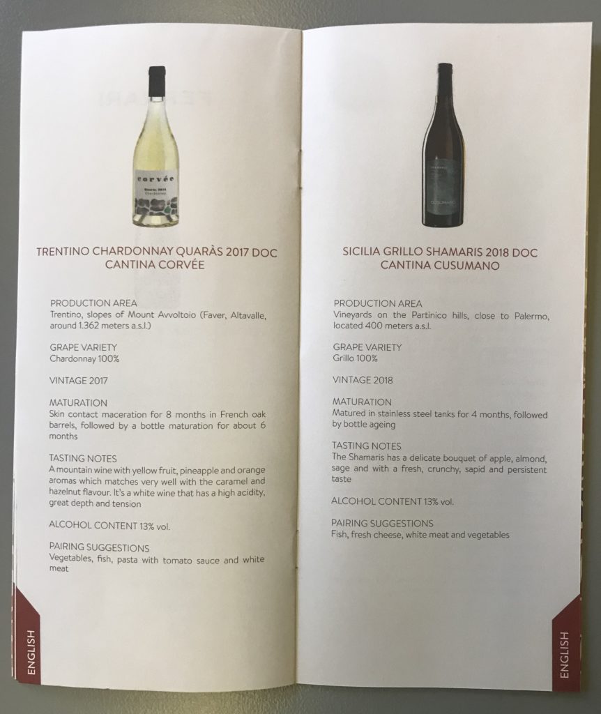 Alitalia Magnifica business class wine list