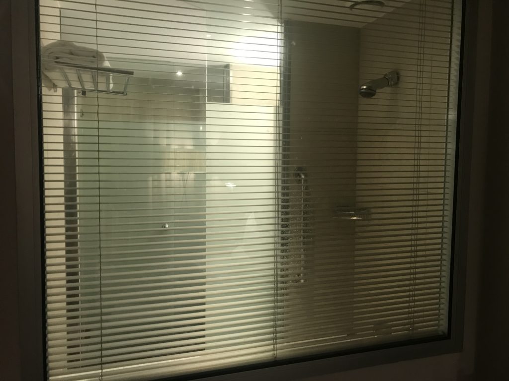 a shower with blinds in a bathroom