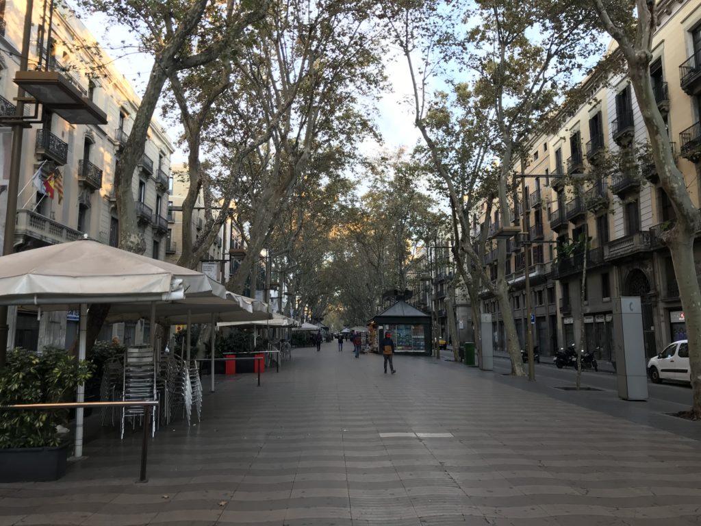 a street with trees and buildings with La Rambla, Barcelona in the background