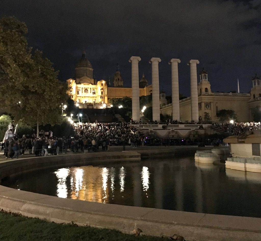 a large crowd of people in front of a pond with columns