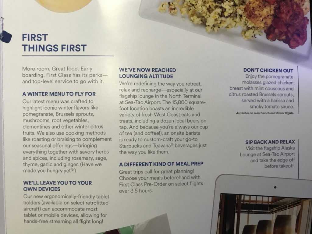 Alaska Airlines 737-900 first class menu