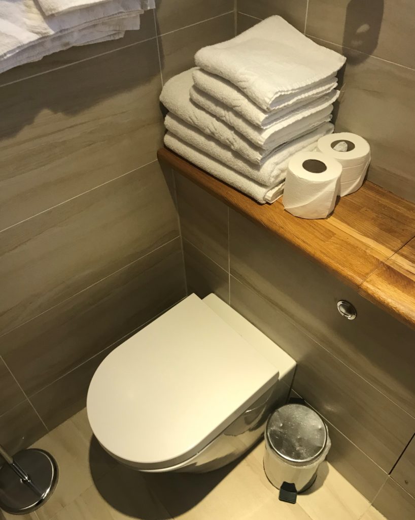 a toilet and toilet paper on a shelf